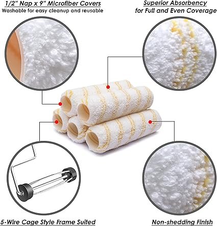Paint Roller Kit PinStone 9 cm Extendable Roller Frame with 5 Microfiber Replacement Covers Adjustable Painting Roller